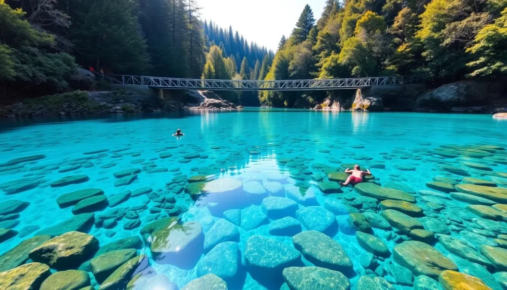Blue Pools in Mount Aspiring National Park with crystal clear turquoise water