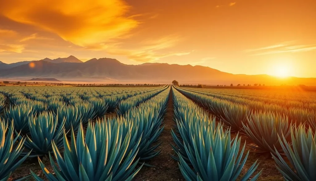 Blue agave fields in Tequila, Jalisco with mountains in the background