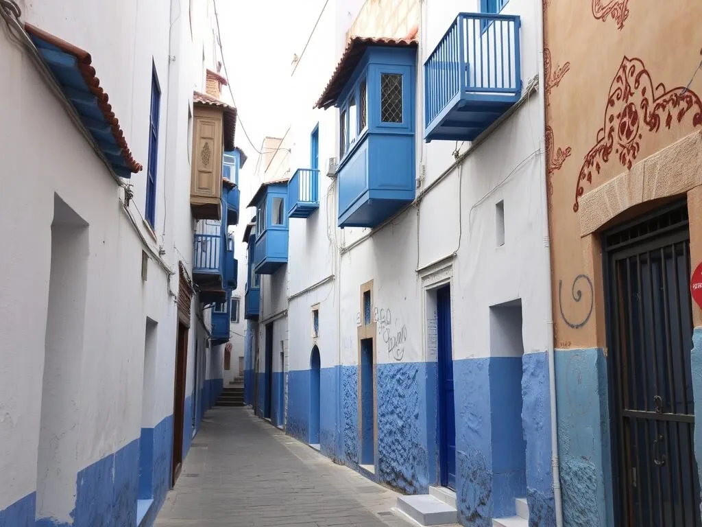 Blue and white buildings in Larache's traditional medina Blue and white buildings in Larache's traditional medina