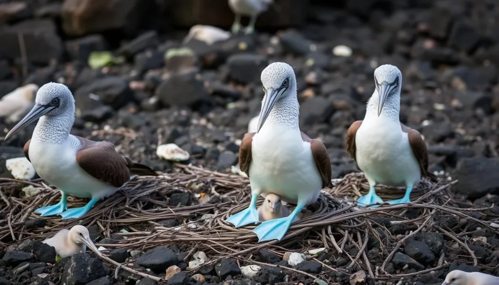 Blue-footed boobies nesting on Isla Isabel during breeding season