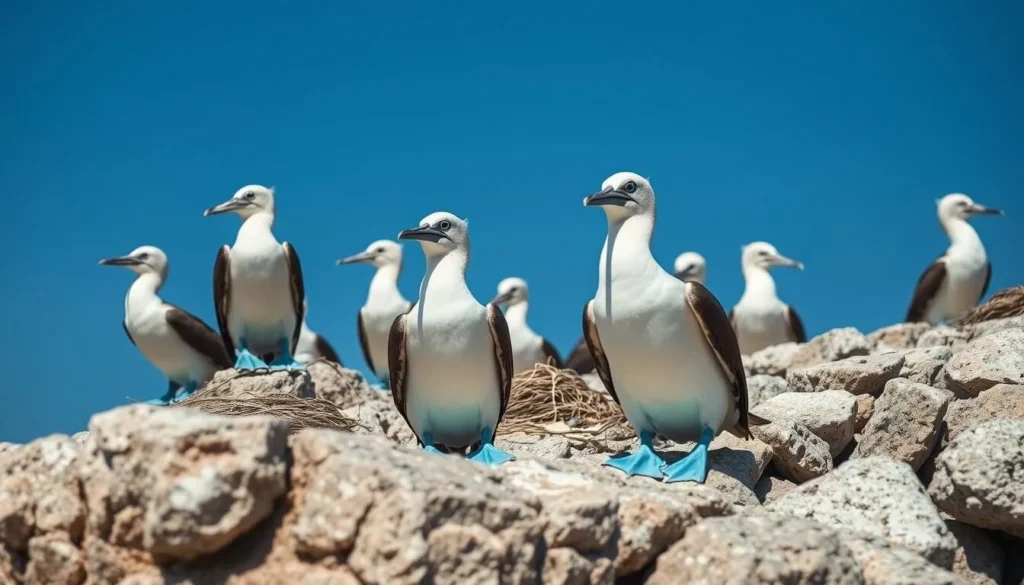 Blue-footed booby birds nesting on rocks at Isla Partida, Mexico