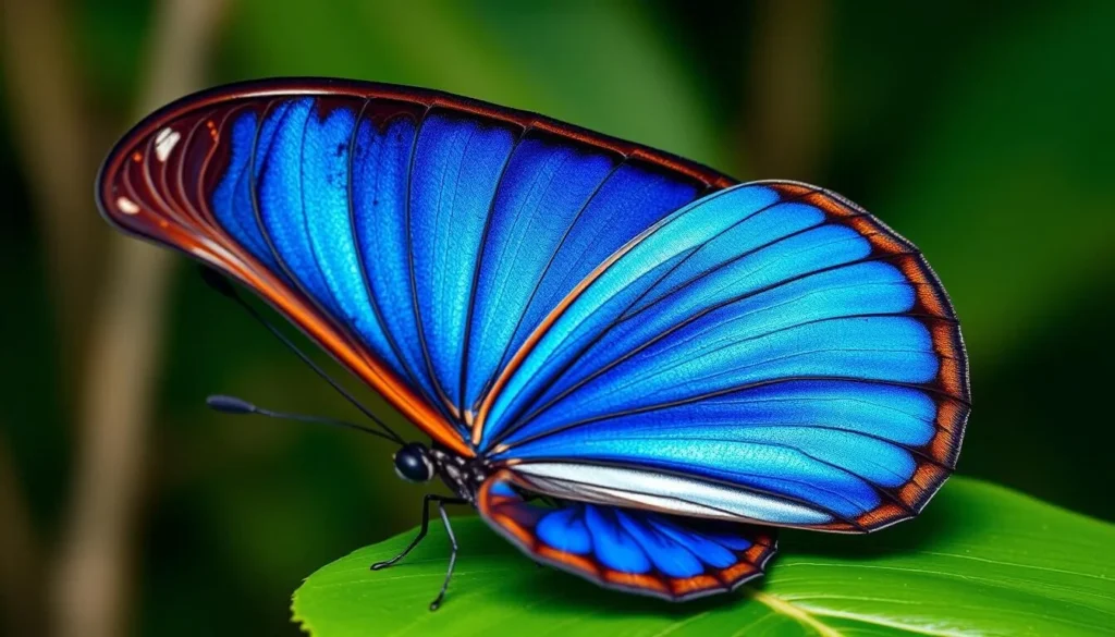 Blue morpho butterfly with iridescent wings in the Amazon Jungle, Ecuador