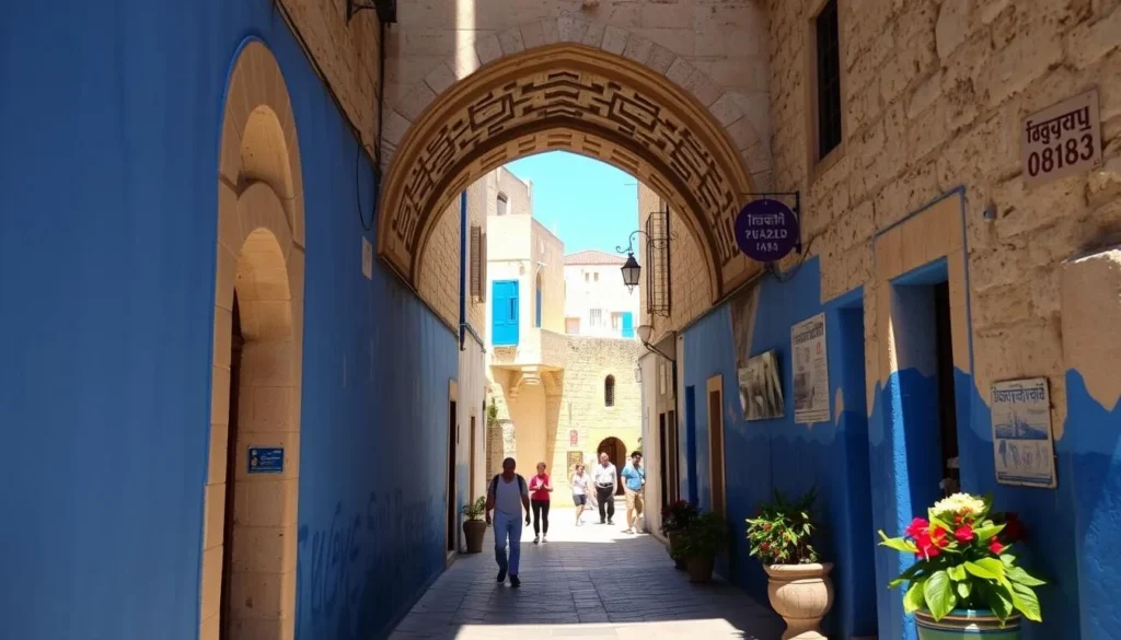 Blue-painted alleyway in Safed's Old City with stone archways and flowering plants