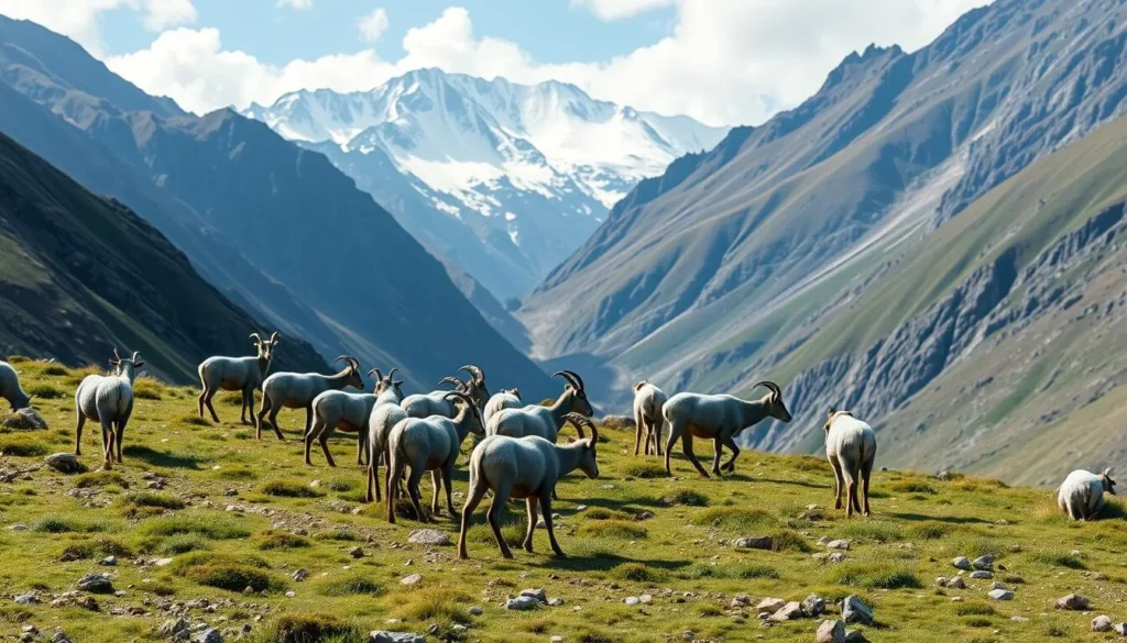 Blue sheep (bharal) grazing on alpine slopes in Lunana Range, Bhutan