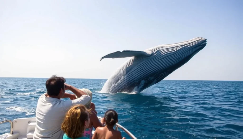 Blue whale breaching during a whale watching tour near Galle