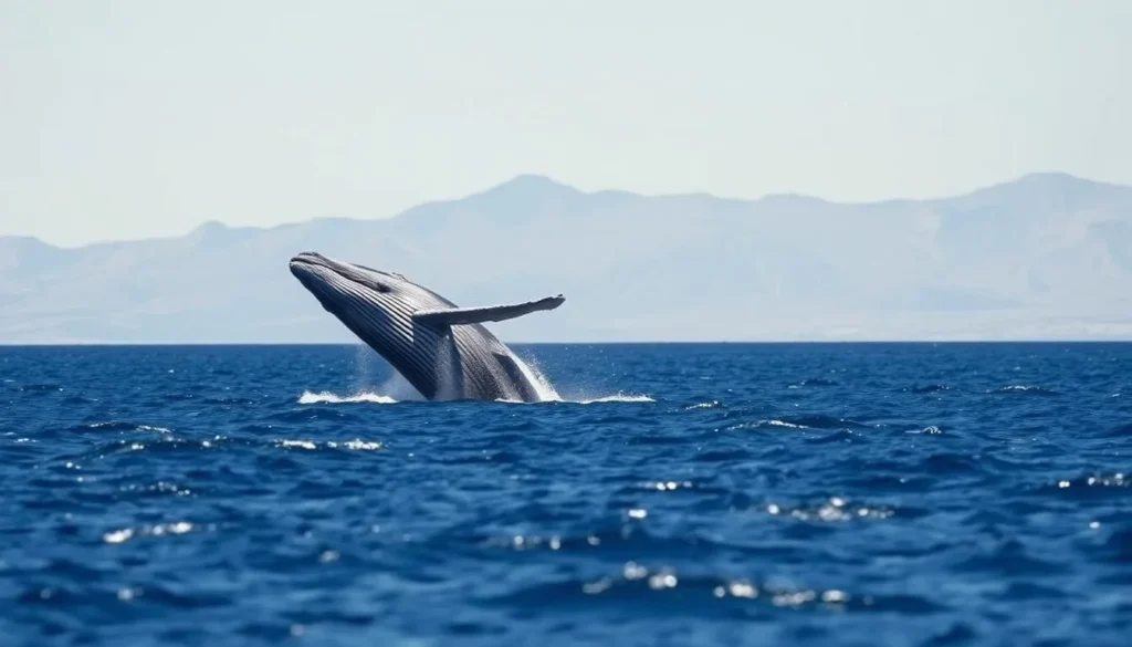 Blue whale breaching in Bahia de Loreto National Park with mountains in background