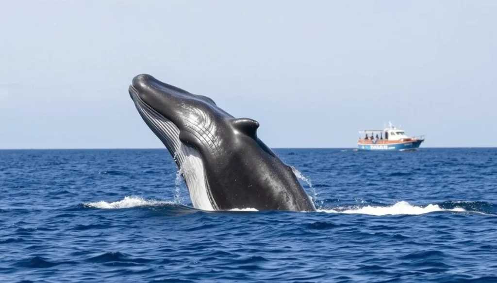Blue whale surfacing during a whale watching tour off the coast of Nilaveli