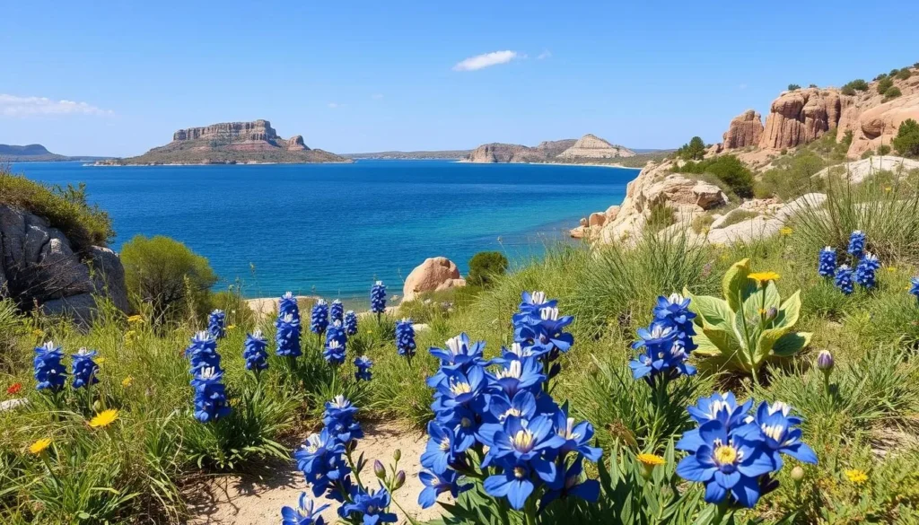 Bluebonnets and wildflowers blooming along the shores of Inks Lake State Park, Texas in spring