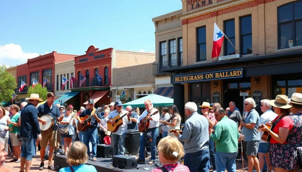 Bluegrass on Ballard festival in downtown Wylie with musicians performing and crowds enjoying the event