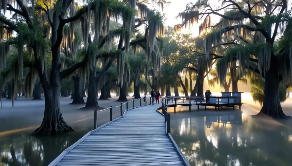 Boardwalk through cypress trees with Spanish moss at Lake Talquin Boardwalk through cypress trees with Spanish moss at Lake Talquin