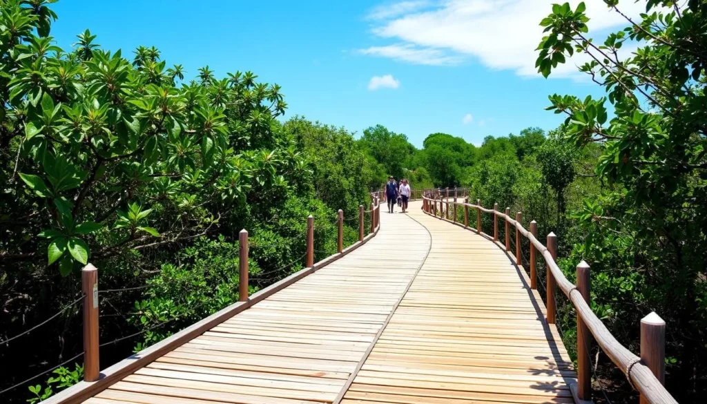 Boardwalk through mangroves on Isla Santay near Guayaquil with tropical birds visible in the trees