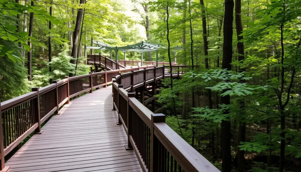 Boardwalk trail leading to Blackwater Falls viewing platform through hemlock forest