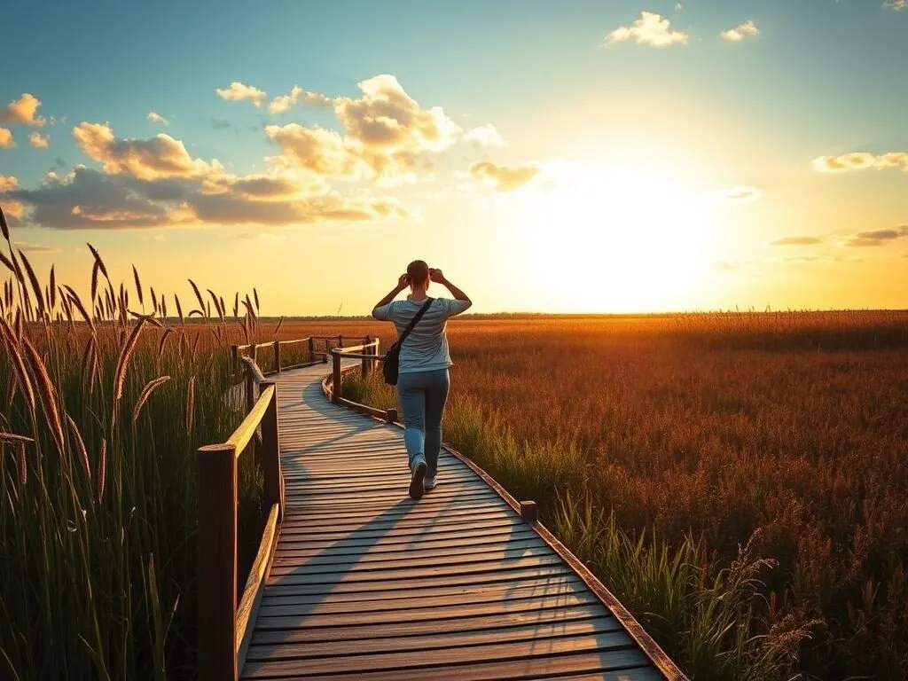 Boardwalk trail through Rachel Carson National Wildlife Refuge with visitors observing birds in the salt marsh