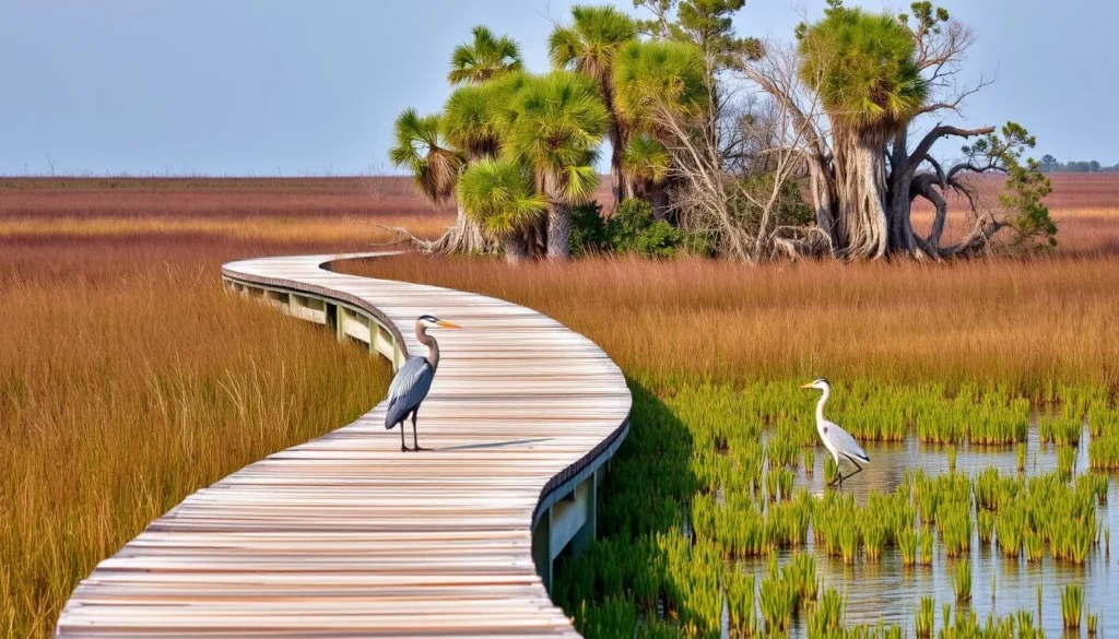 Boardwalk trail through salt marsh at Huntington Beach State Park with birds