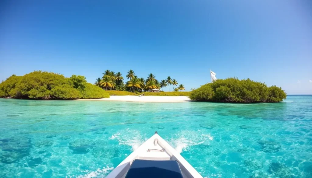 Boat approaching Half Moon Caye, Belize with clear turquoise waters