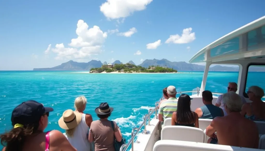 Boat approaching Isla Cerralvo with tourists ready for adventure