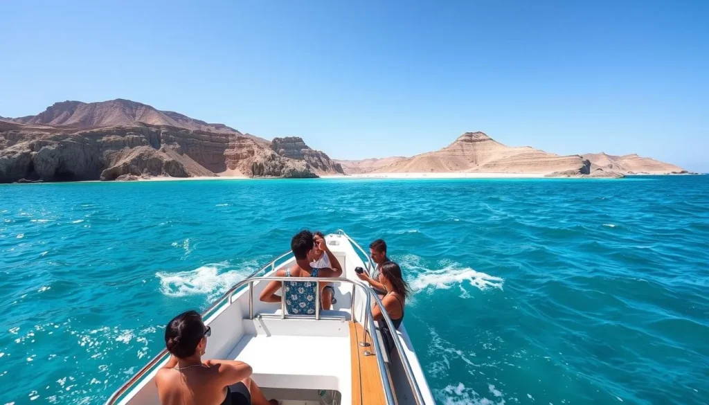 Boat approaching Isla Partida, Mexico with tourists on board