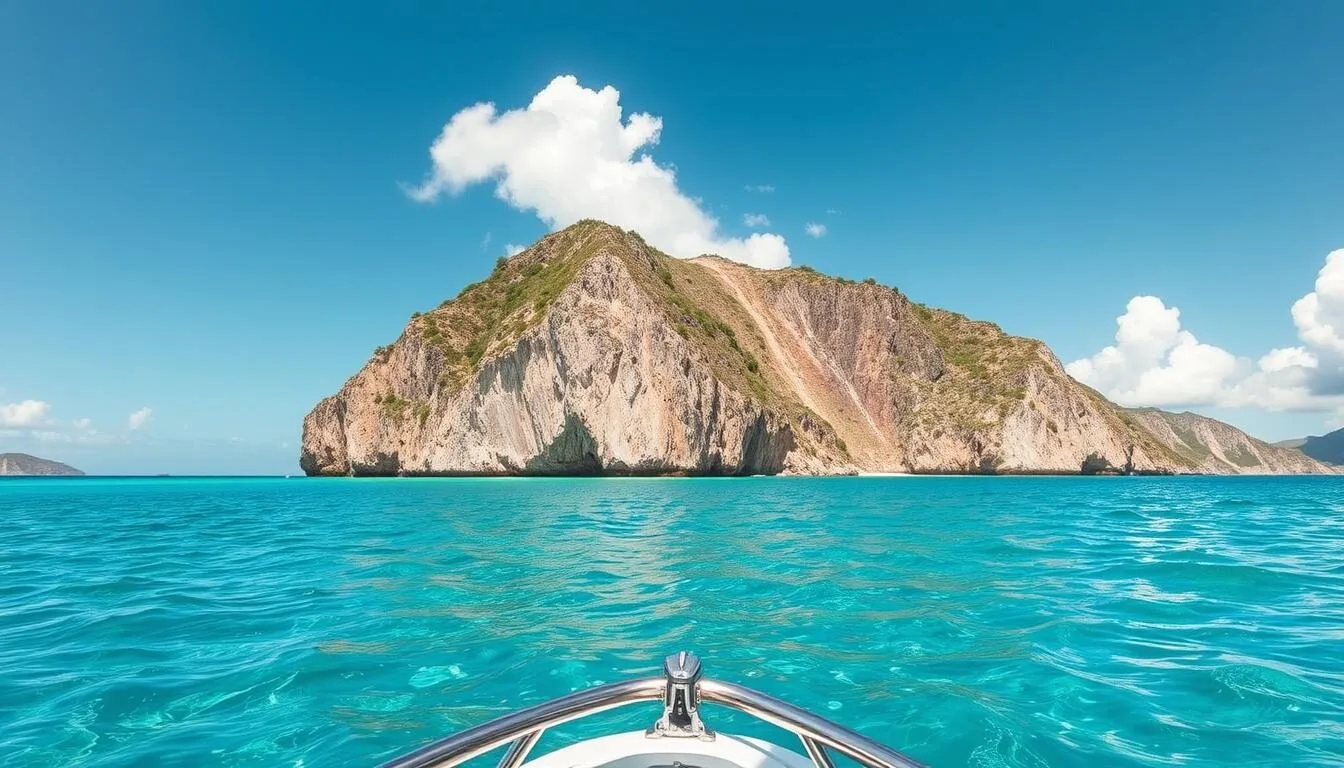 Boat approaching Isla de Mona with its dramatic limestone cliffs visible from the water