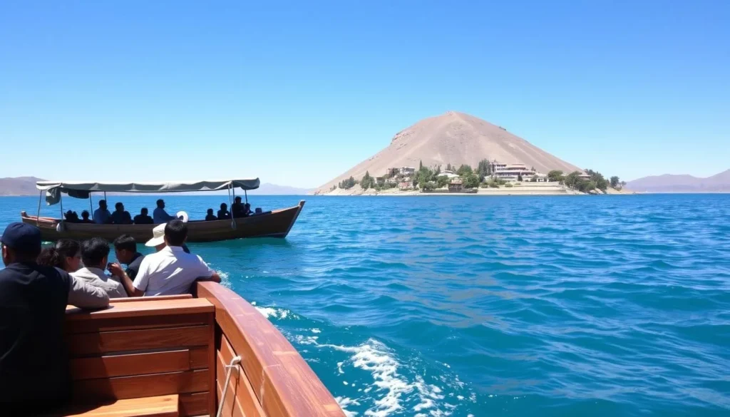 Boat approaching Isla del Sol on Lake Titicaca with passengers