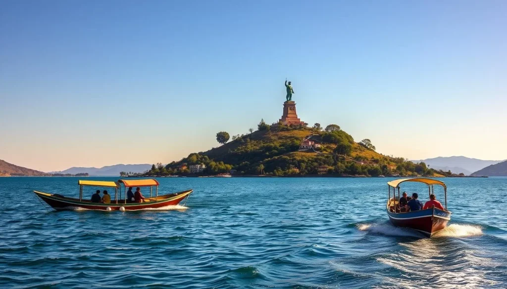 Boat approaching Janitzio Island on Lake Patzcuaro with the towering Morelos statue visible