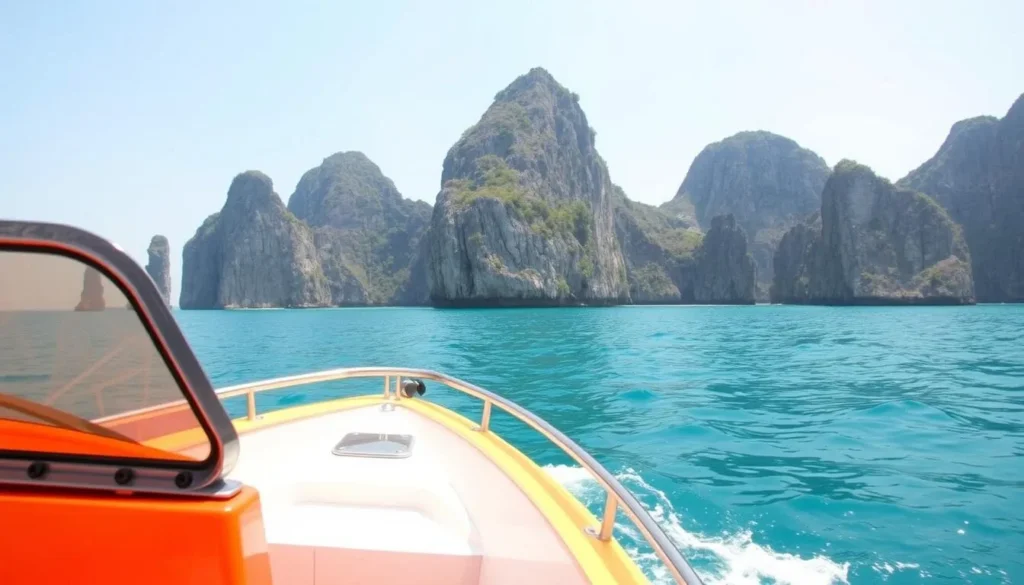 Boat approaching Nosy Hara island with limestone cliffs in background Boat approaching Nosy Hara island with limestone cliffs in background
