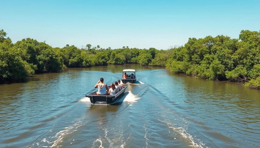Boat approaching Sarstoon-Temash National Park on a river surrounded by mangroves
