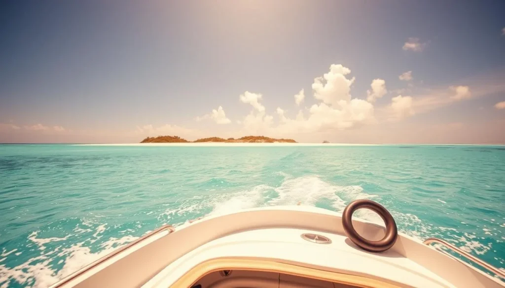 Boat approaching Scrub Island, Anguilla with clear turquoise waters
