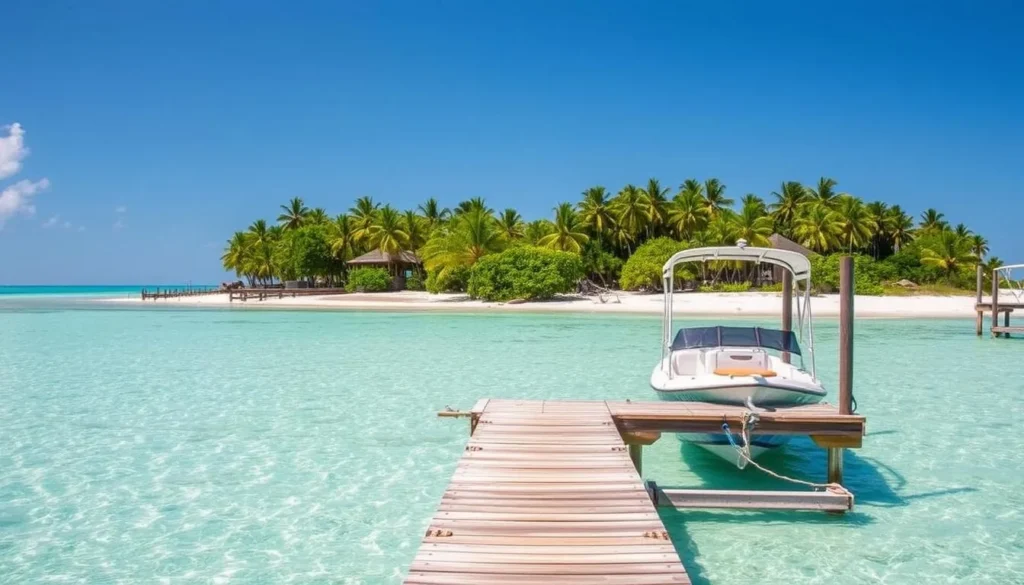 Boat approaching South Water Caye dock with palm trees visible on the island