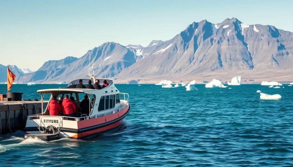 Boat approaching Uunartoq Island with passengers in flotation suits
