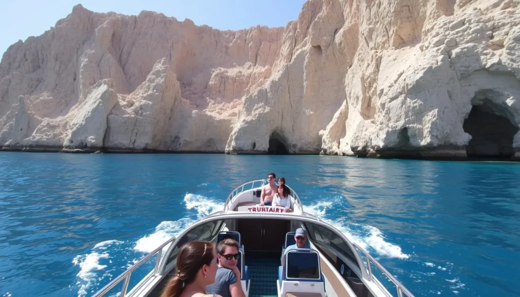 Boat approaching Zembra National Park with the island's dramatic cliffs visible in the background Boat approaching Zembra National Park with the island's dramatic cliffs visible in the background