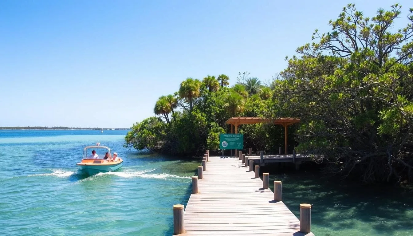 Boat-approaching-the-dock-at-Lignumvitae-Key-Botanical-State-Park-Florida-with-mangroves Boat approaching the dock at Lignumvitae Key Botanical State Park, Florida with mangroves visible along the shoreline