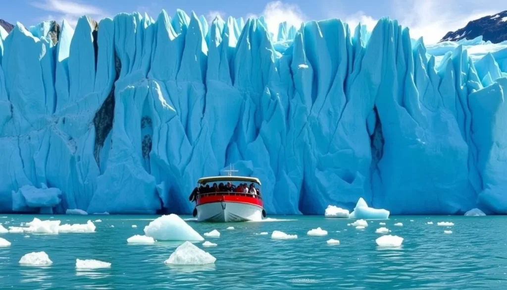 Boat approaching the massive face of San Rafael Glacier