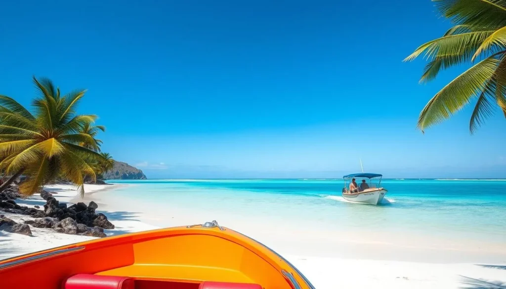Boat approaching the pristine beaches of Boipeba Island