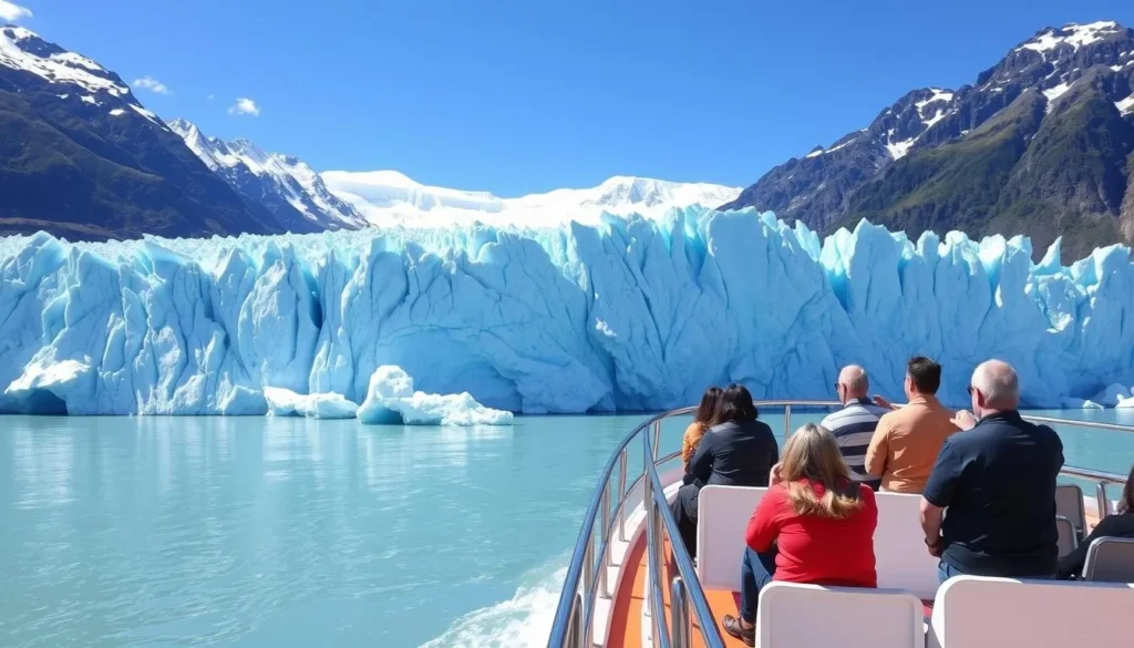 Boat cruise approaching Spegazzini Glacier on Lake Argentino with passengers viewing massive ice wall