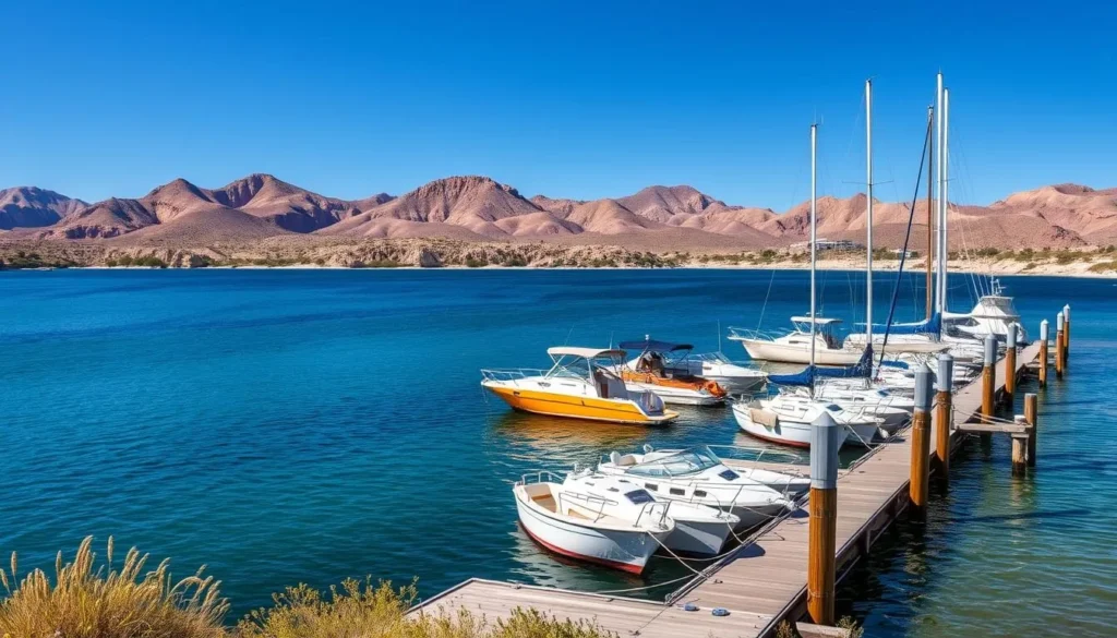 Boat dock at Amistad National Recreation Area with several boats moored and desert hills in background