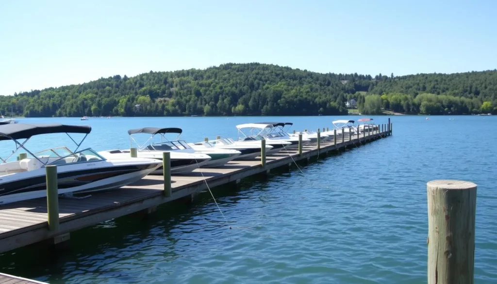 Boat dock at Cordell Hull Lake, Tennessee with rental boats available