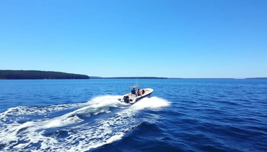 Boat navigating Lake Nipissing waters near shoreline