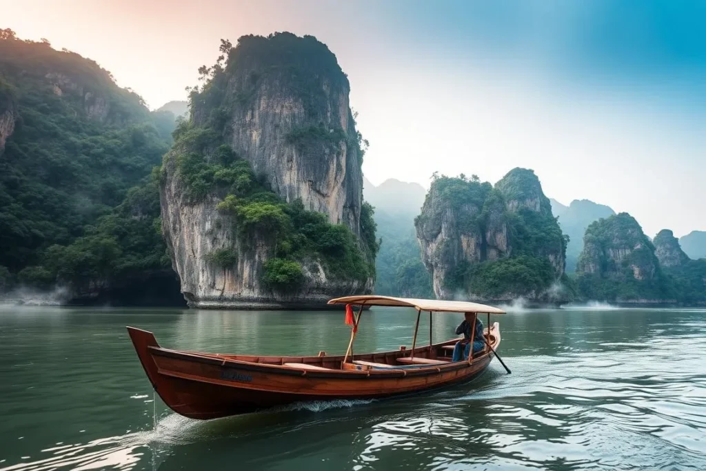 Boat ride through dramatic limestone karst formations at Rammang-Rammang