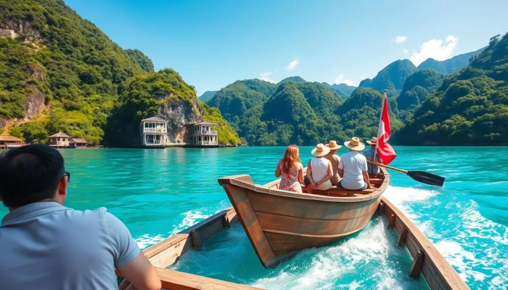 Boat tour on Lake Poso showing tourists enjoying the scenery and clear waters