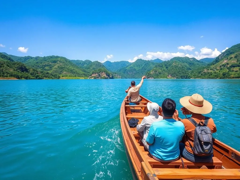 Boat tour on Lake Towuti with tourists exploring the clear blue waters Boat tour on Lake Towuti with tourists exploring the clear blue waters
