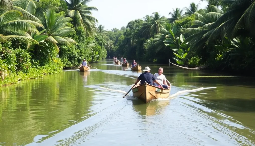 Boat tour on the Pangalanes Canal near Nosy Varika showing lush vegetation and local life
