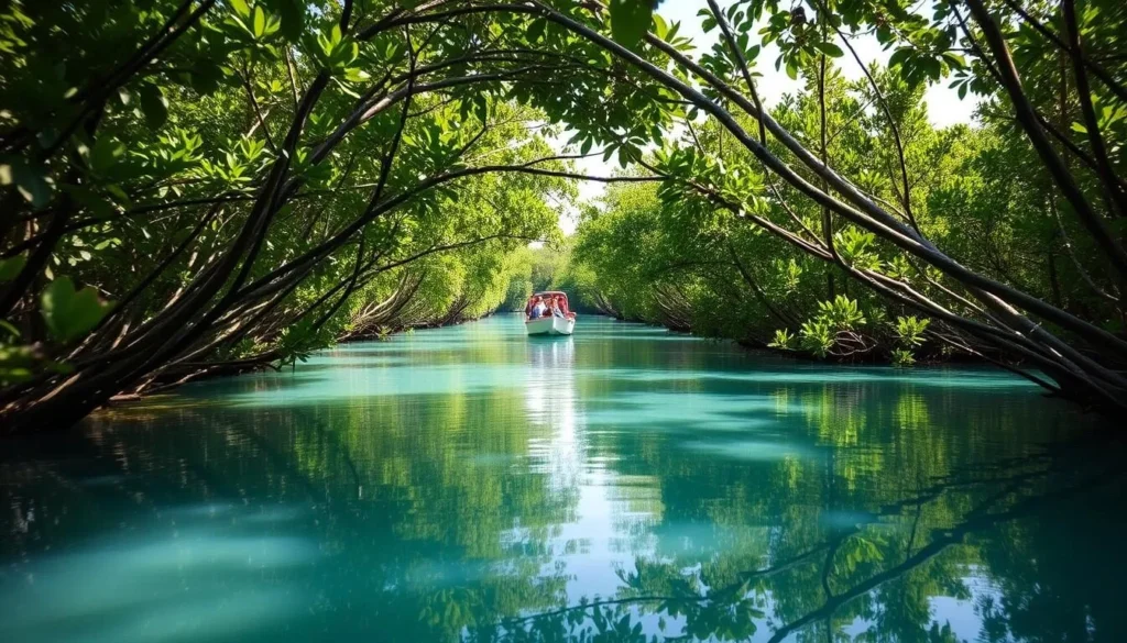 Boat tour through mangrove channels in Sian Ka'an Biosphere Reserve near Tulum