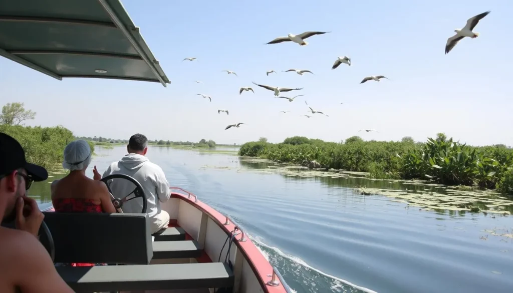 Boat tour through the channels of Merdja Zerka lagoon with birds flying overhead