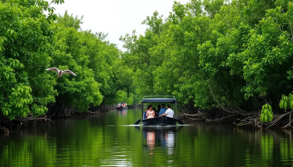 Boat tour through the lush Ujong Batee Mangrove Forest near Banda Aceh