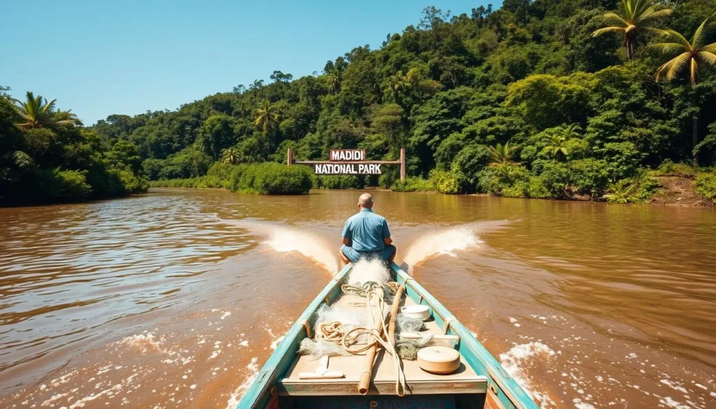 Boat transportation on Beni River heading to Madidi National Park entrance