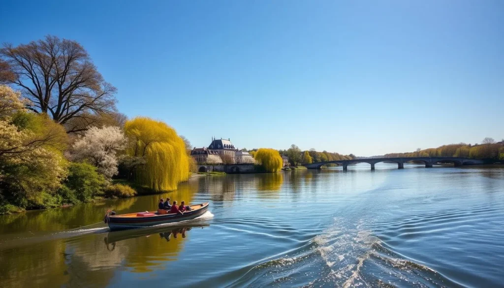 Boat trip on the Erdre River in Nantes during spring with blooming trees along the banks