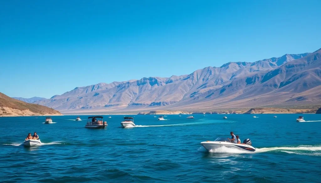 Boating on East Canyon Reservoir with mountains in the background