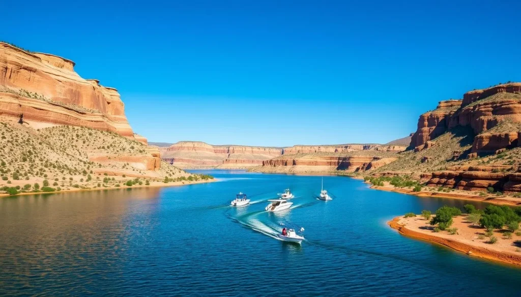 Boating on Lake Meredith near Alibates Flint Quarries National Monument on a sunny day