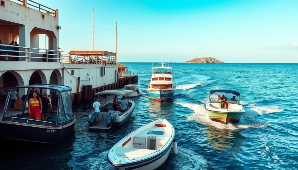 Boats departing from Cartagena dock to Rosario Islands Colombia