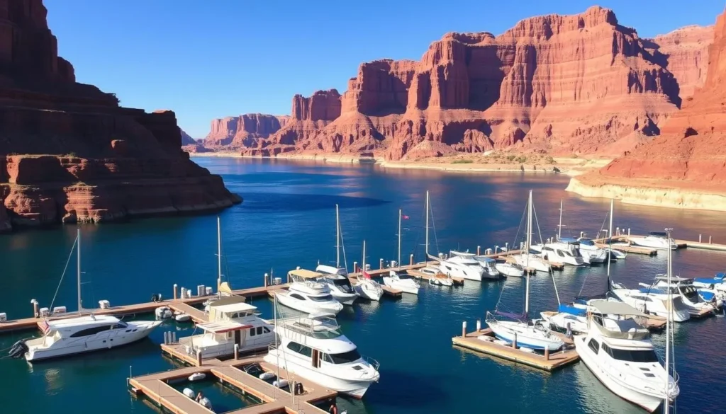 Boats docked at Wahweap Marina on Lake Powell with red rock cliffs in the background